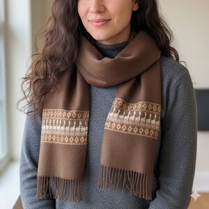100% Baby Alpaca Scarf Made in Peru – Brown with Llama Design & Fringe